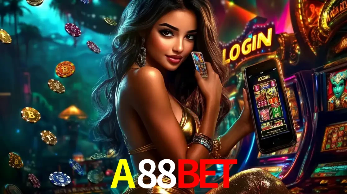 Mulher em um cenário de cassino temático de aventura, mostrando o app de caça-níqueis da A88BET no celular. Fichas de apostas flutuam ao redor.