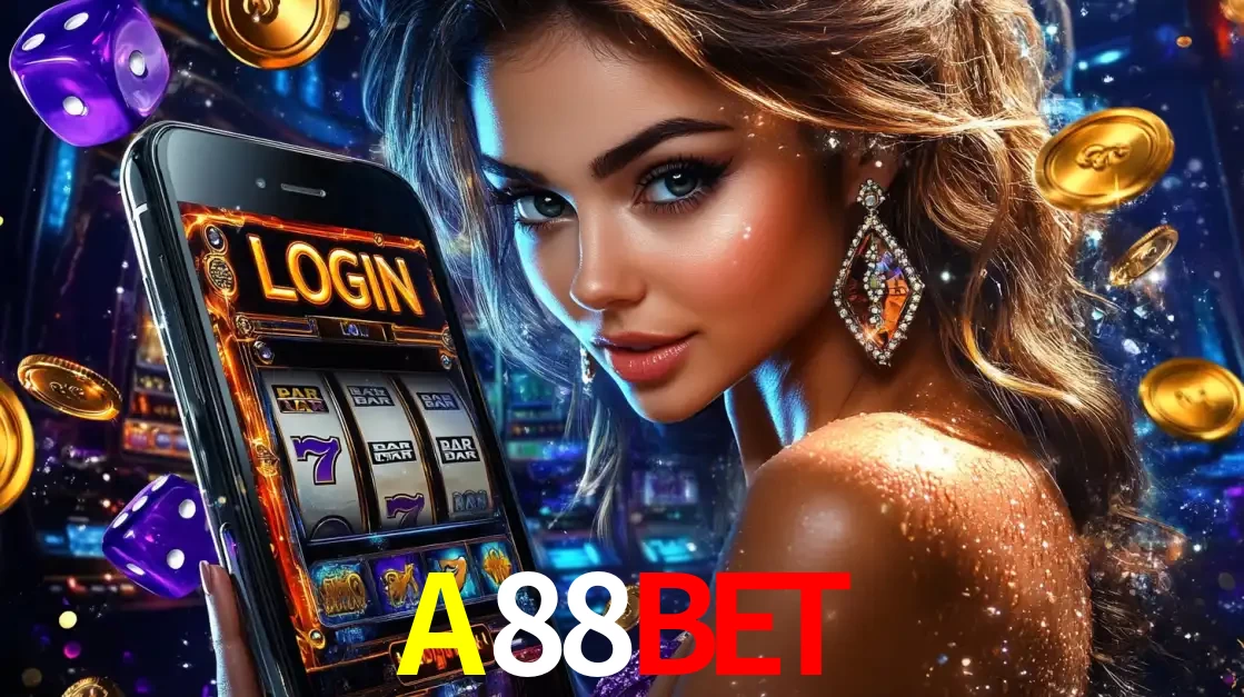 Mulher glamorosa segurando um smartphone com a tela de login para os jogos de caça-níqueis do cassino online A88BET, com moedas de ouro e dados ao redor.