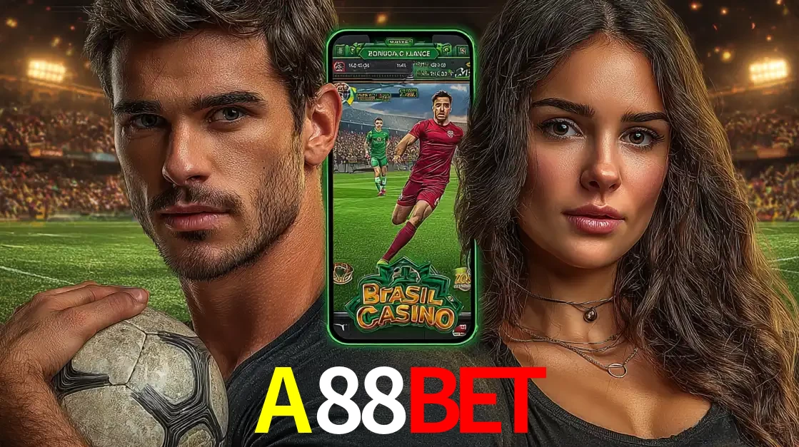 Homem segurando uma bola de futebol e uma mulher ao lado de um smartphone exibindo o jogo de apostas esportivas da A88BET. Faça seu palpite no cassino online.